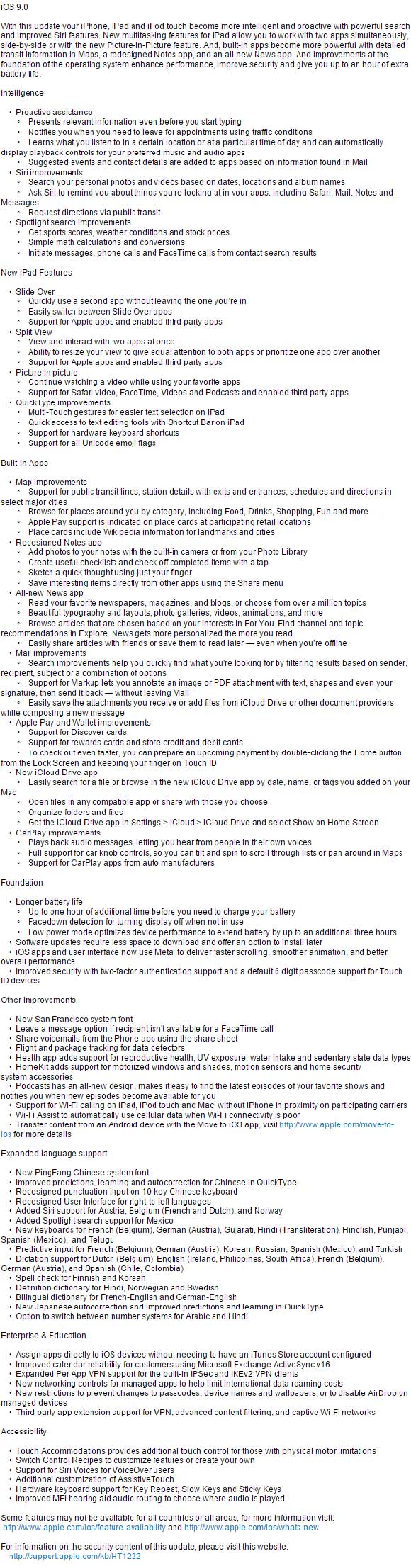 iOS 9 change log